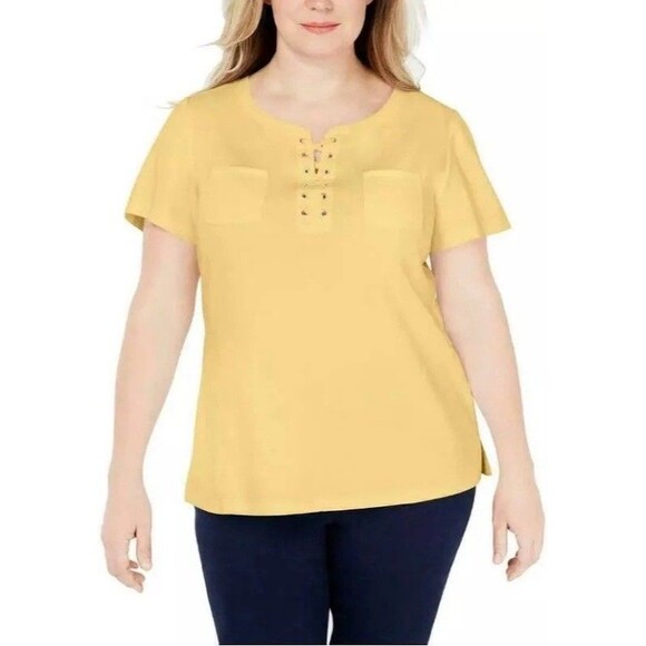 NWT Karen Scott Woman 0X Lace Up Scoop Neck Yellow Top Blouse Summer Casual - Picture 1 of 7